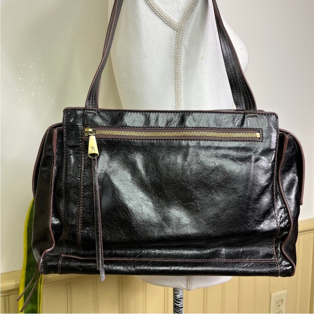 HOBO Genuine Leather Shoulder Bag Black Brown Trim Zip Front Boho City Tote